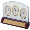 Bulova Weston Glass Panel Clock & Thermometers w/ Mahogany Finish Base